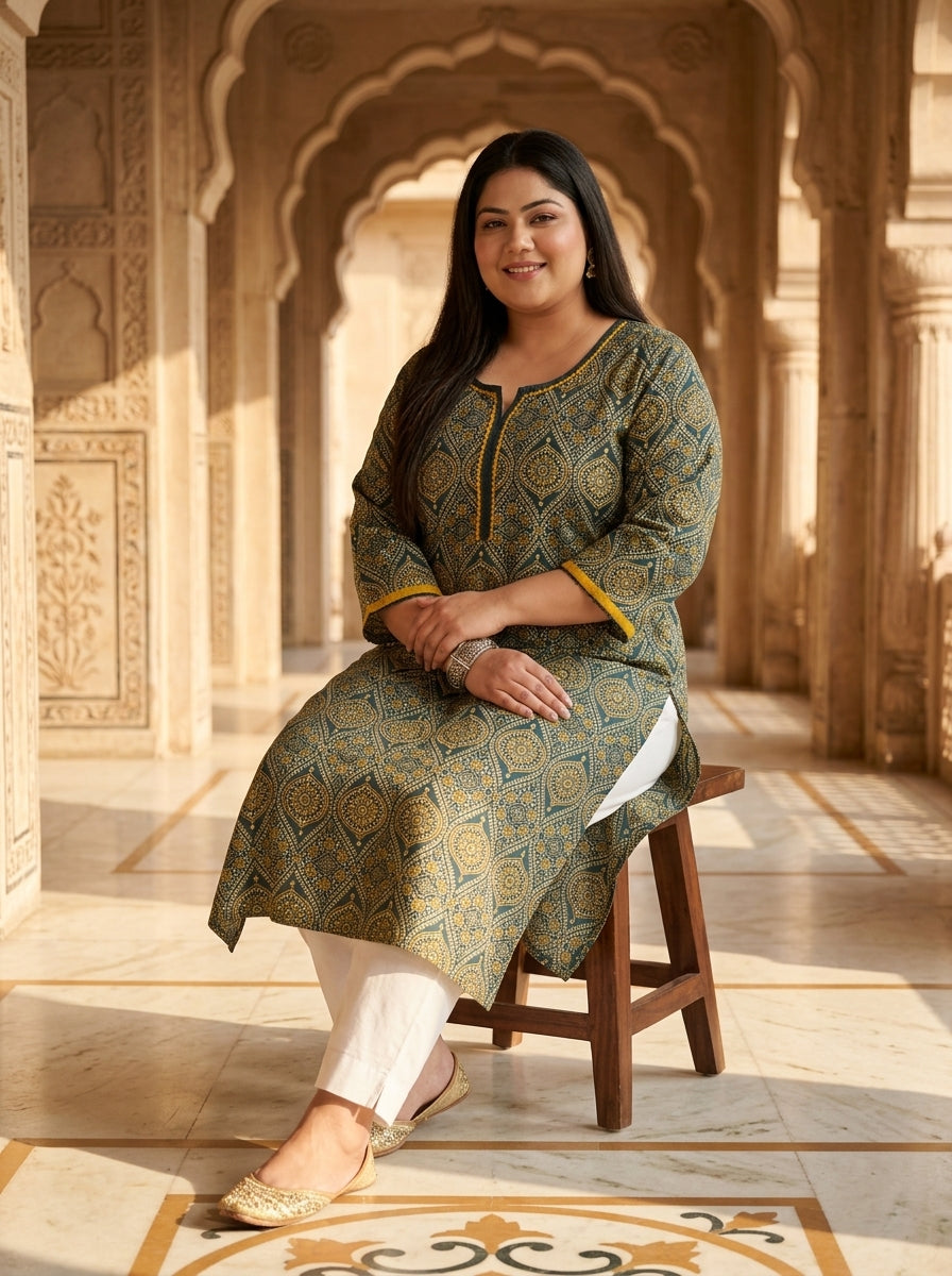 Plus Size T Blue Cotton Ajrakh Print Straight Kurta-100124