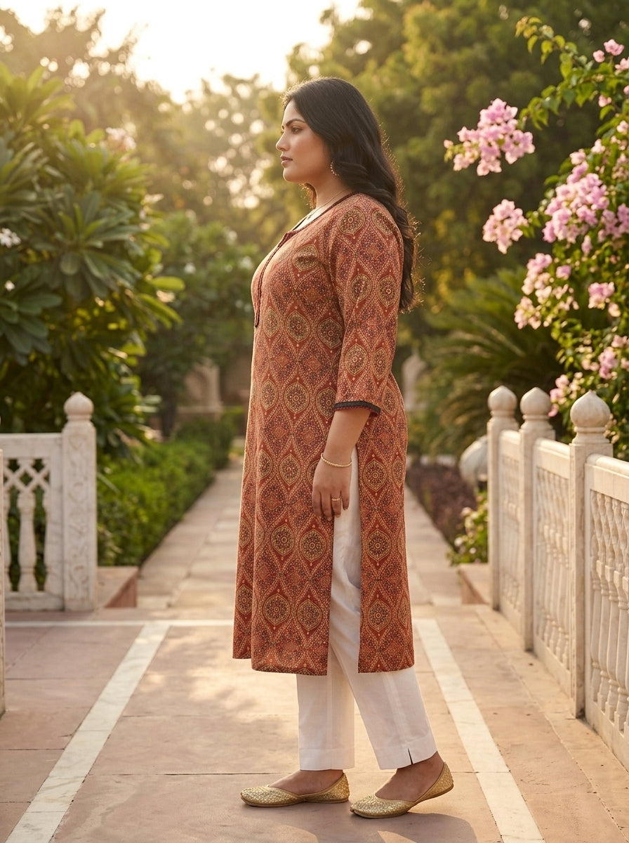 Plus Size Rust Cotton Ajrakh Print Straight Kurta-100125