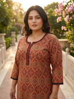 Plus Size Rust Cotton Ajrakh Print Straight Kurta-100125