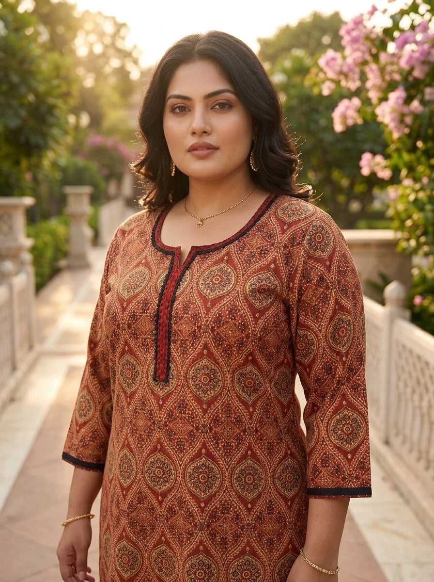Plus Size Rust Cotton Ajrakh Print Straight Kurta-100125