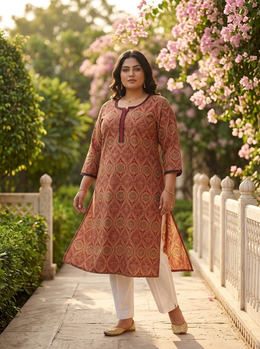 Plus Size Rust Cotton Ajrakh Print Straight Kurta-100125