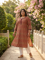 Plus Size Rust Cotton Ajrakh Print Straight Kurta-100125