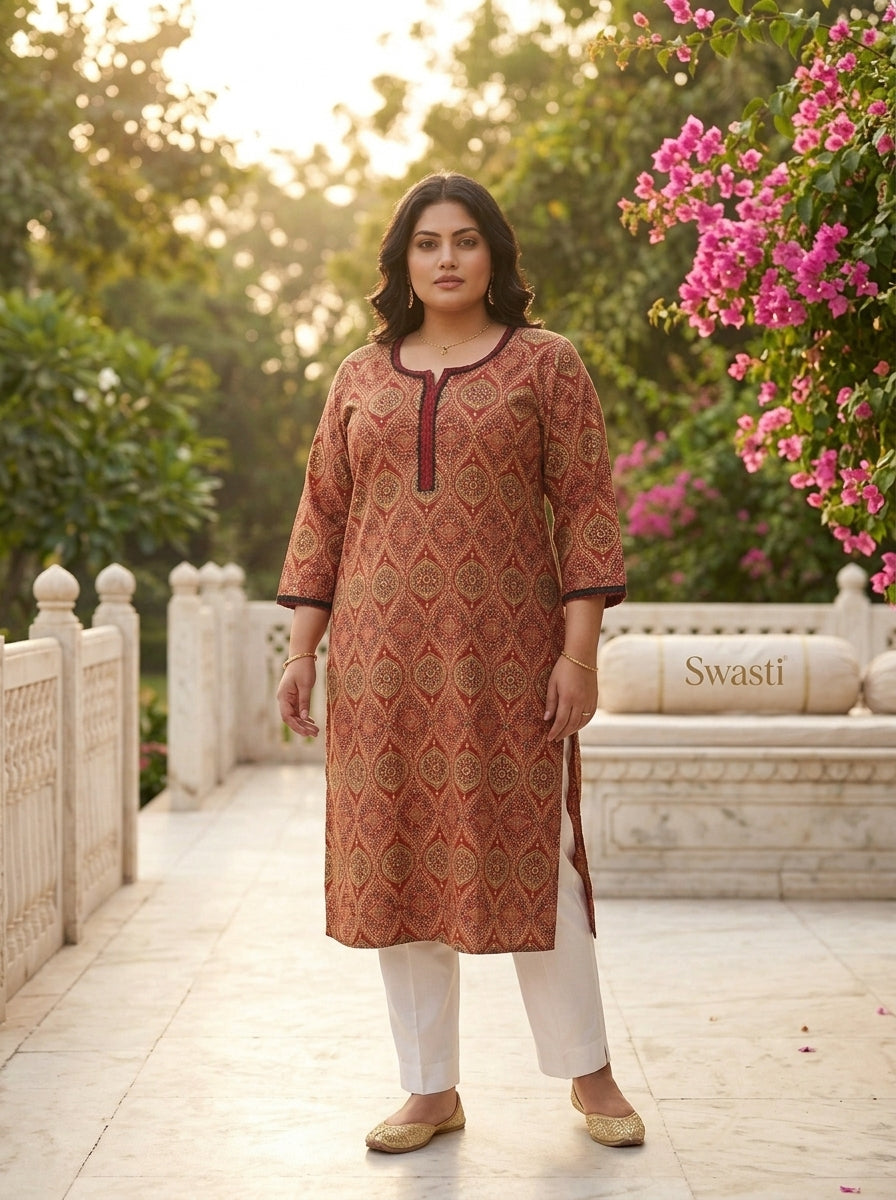 Plus Size Rust Cotton Ajrakh Print Straight Kurta-100125