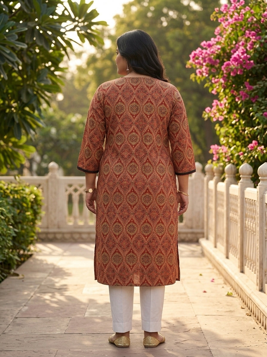 Plus Size Rust Cotton Ajrakh Print Straight Kurta-100125
