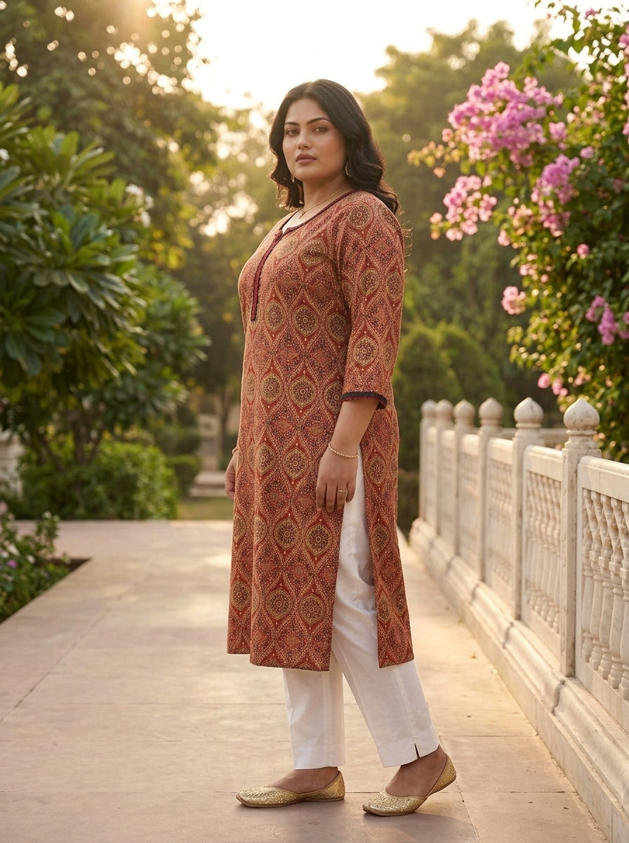 Plus Size Rust Cotton Ajrakh Print Straight Kurta-100125