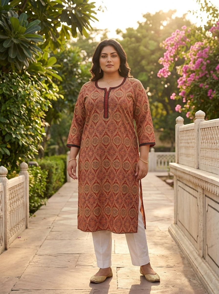 Plus Size Rust Cotton Ajrakh Print Straight Kurta-100125