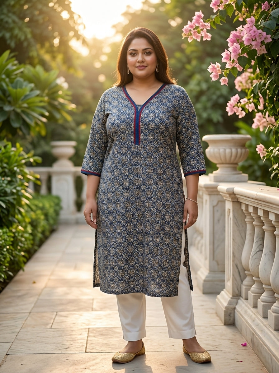 Plus Size Blue Cotton Floral Print Straight Kurta-100127