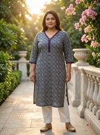Plus Size Blue Cotton Floral Print Straight Kurta-100127
