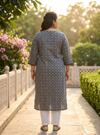 Plus Size Blue Cotton Floral Print Straight Kurta-100127