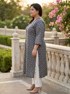 Plus Size Blue Cotton Floral Print Straight Kurta-100127