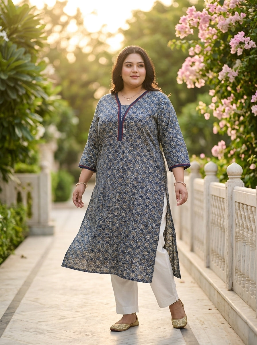 Plus Size Blue Cotton Floral Print Straight Kurta-100127