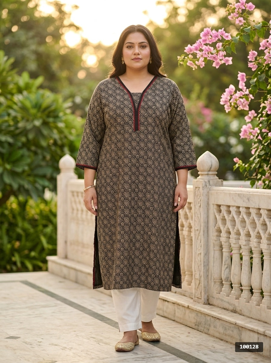 Plus Size Black Cotton Floral Print Straight Kurta-100128