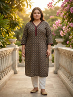 Plus Size Black Cotton Floral Print Straight Kurta-100128