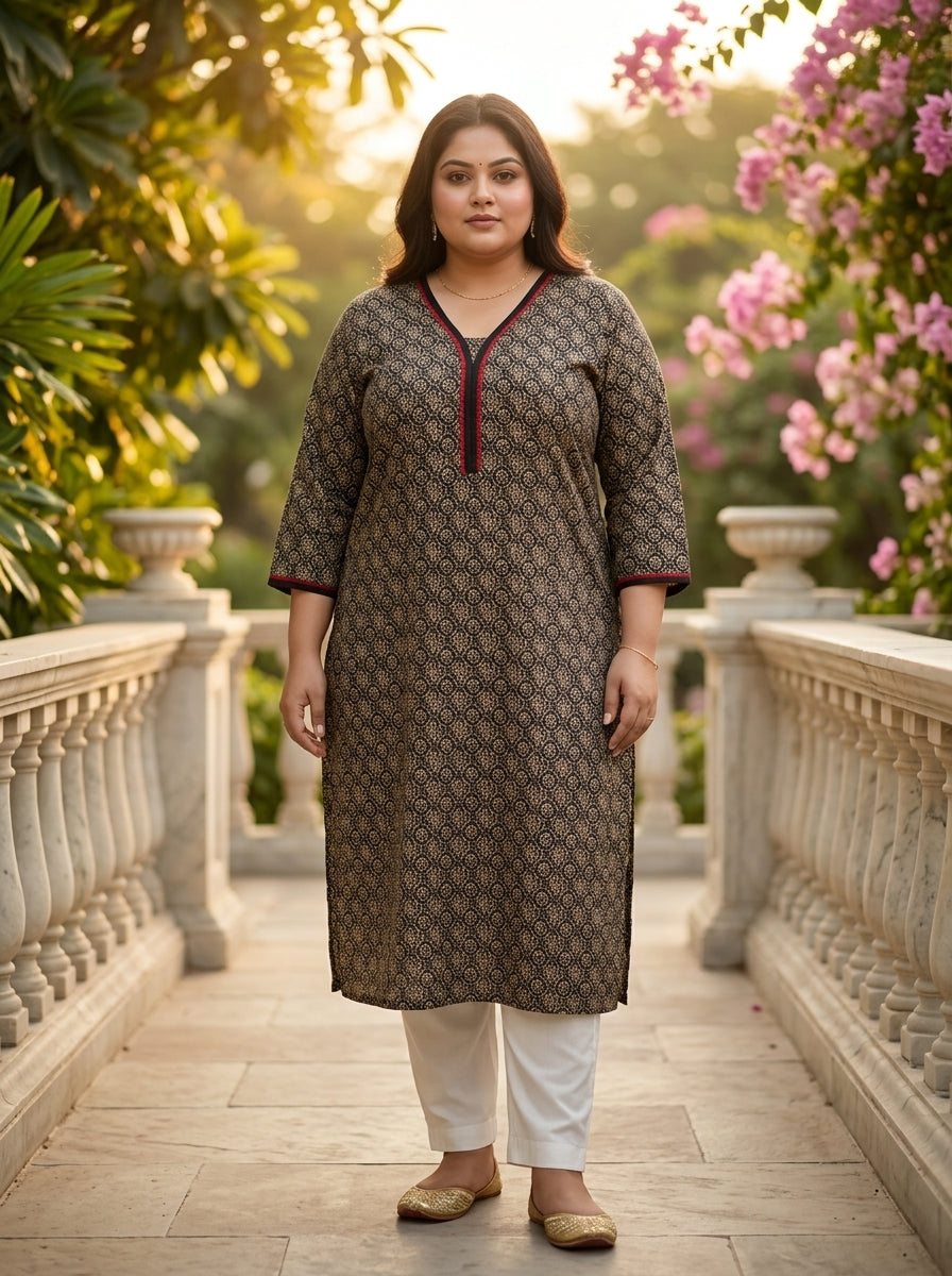 Plus Size Black Cotton Floral Print Straight Kurta-100128