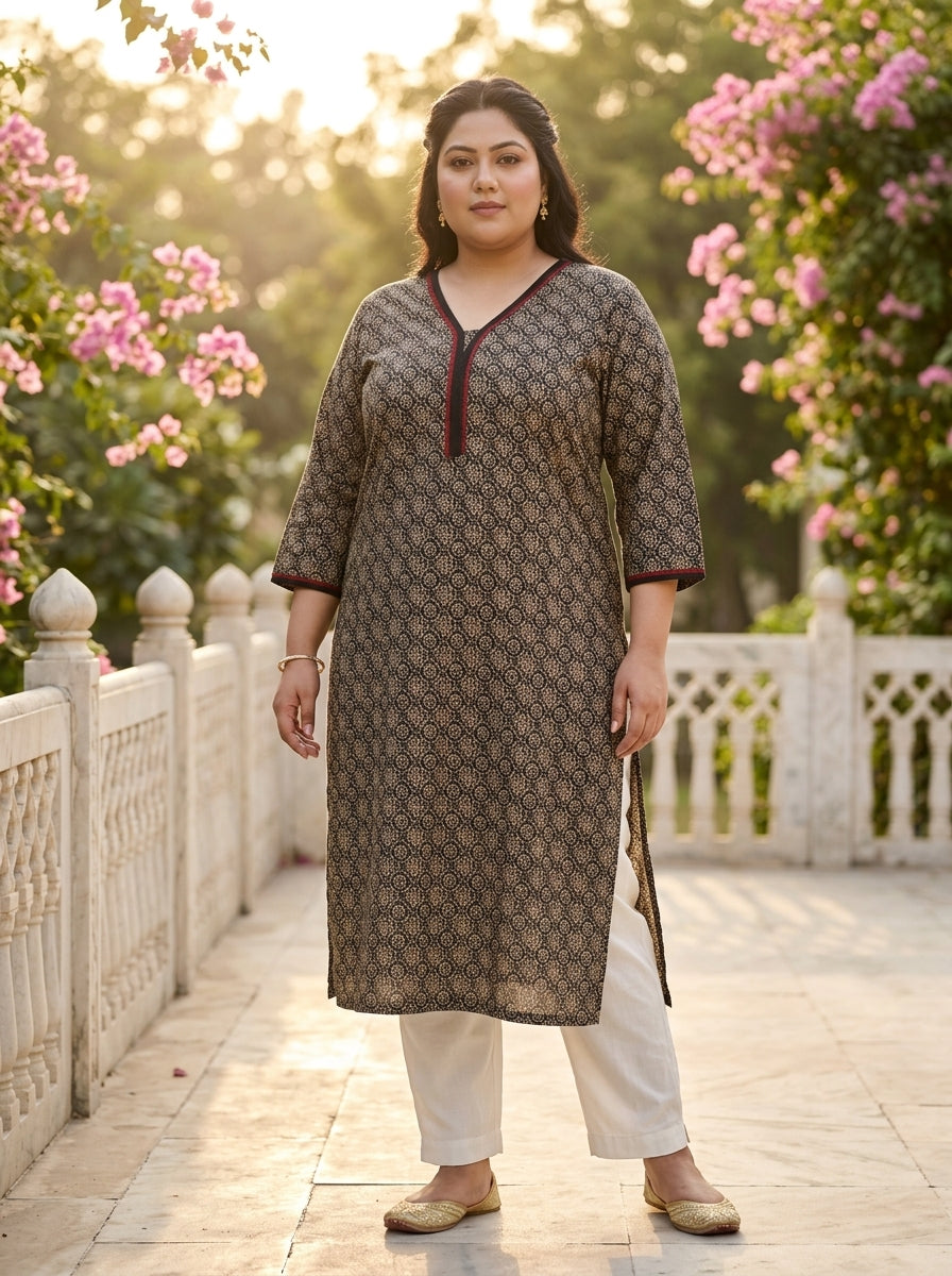 Plus Size Black Cotton Floral Print Straight Kurta-100128