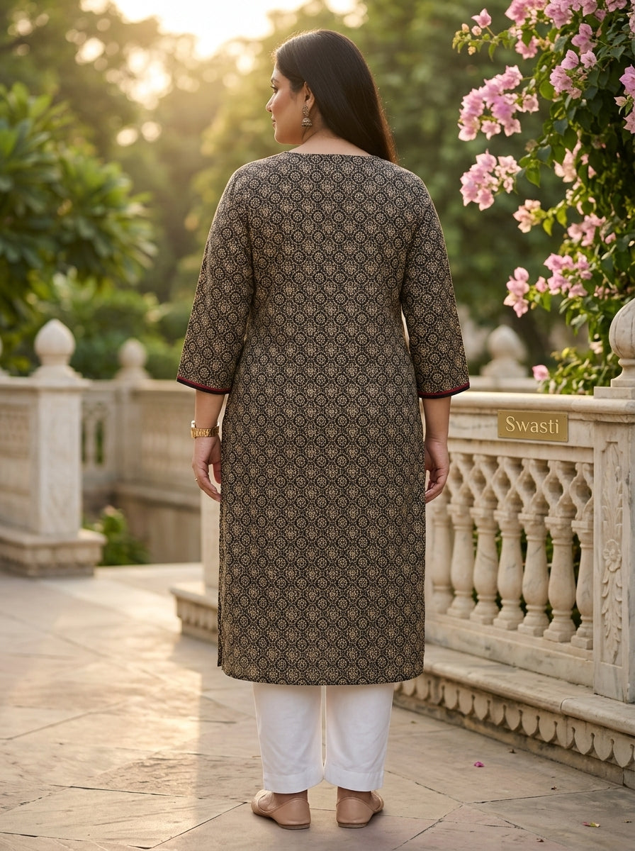 Plus Size Black Cotton Floral Print Straight Kurta-100128
