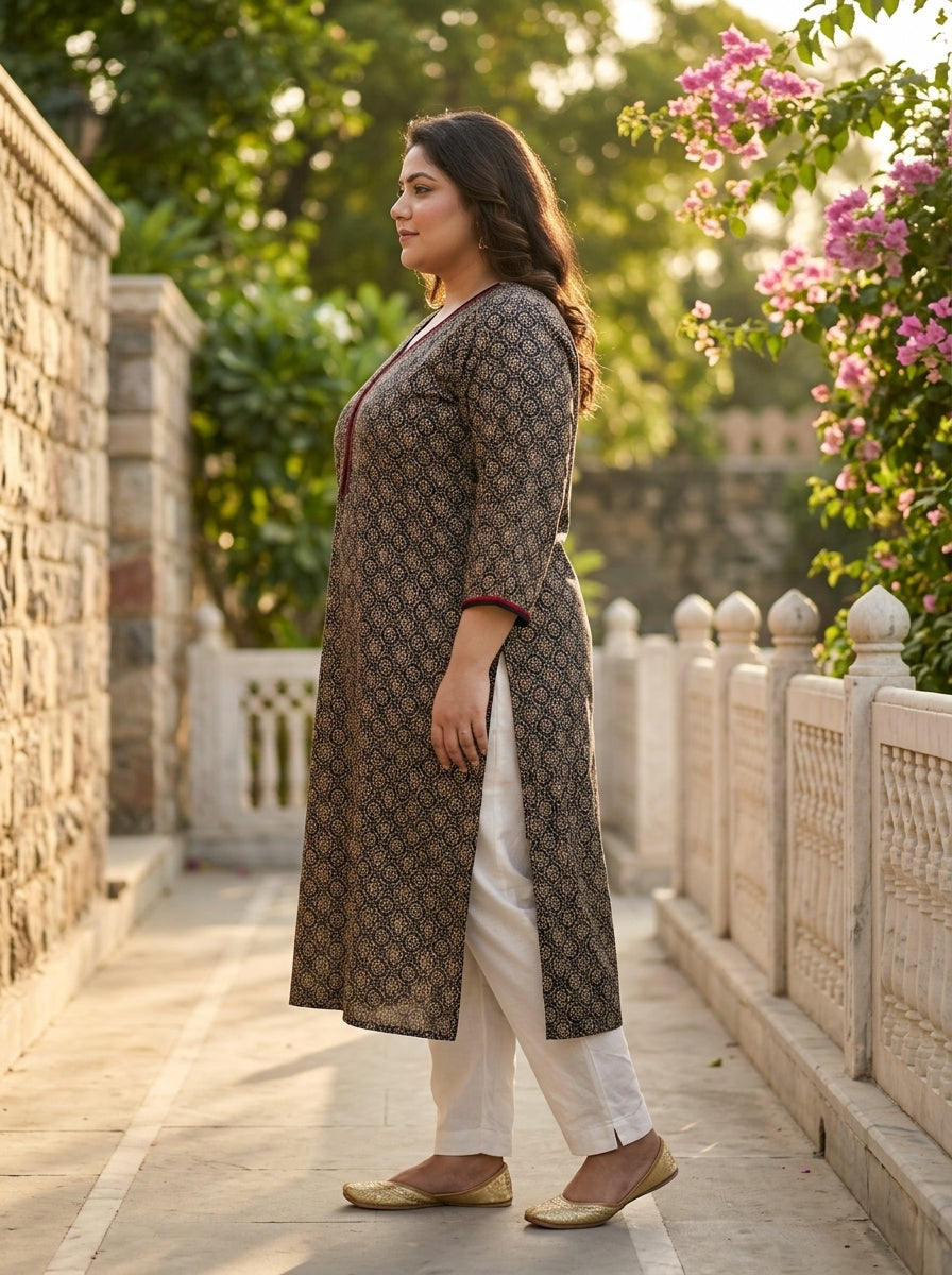 Plus Size Black Cotton Floral Print Straight Kurta-100128