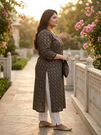 Plus Size Black Cotton Floral Print Straight Kurta-100128