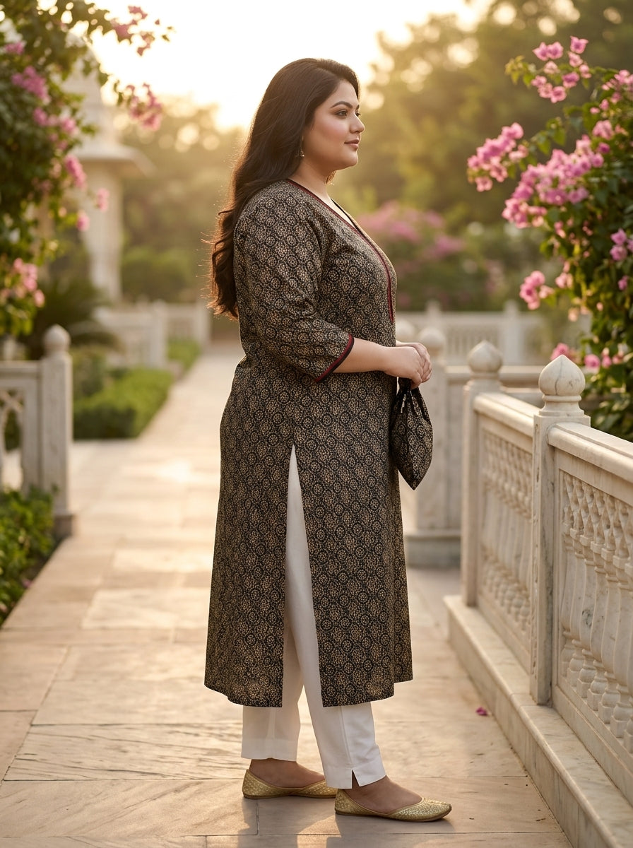 Plus Size Black Cotton Floral Print Straight Kurta-100128
