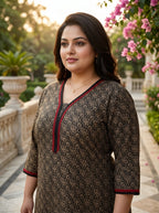 Plus Size Black Cotton Floral Print Straight Kurta-100128