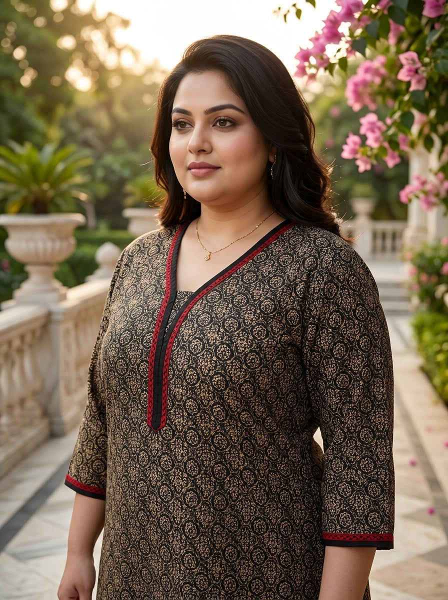 Plus Size Black Cotton Floral Print Straight Kurta-100128