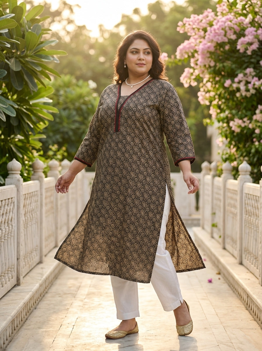Plus Size Black Cotton Floral Print Straight Kurta-100128
