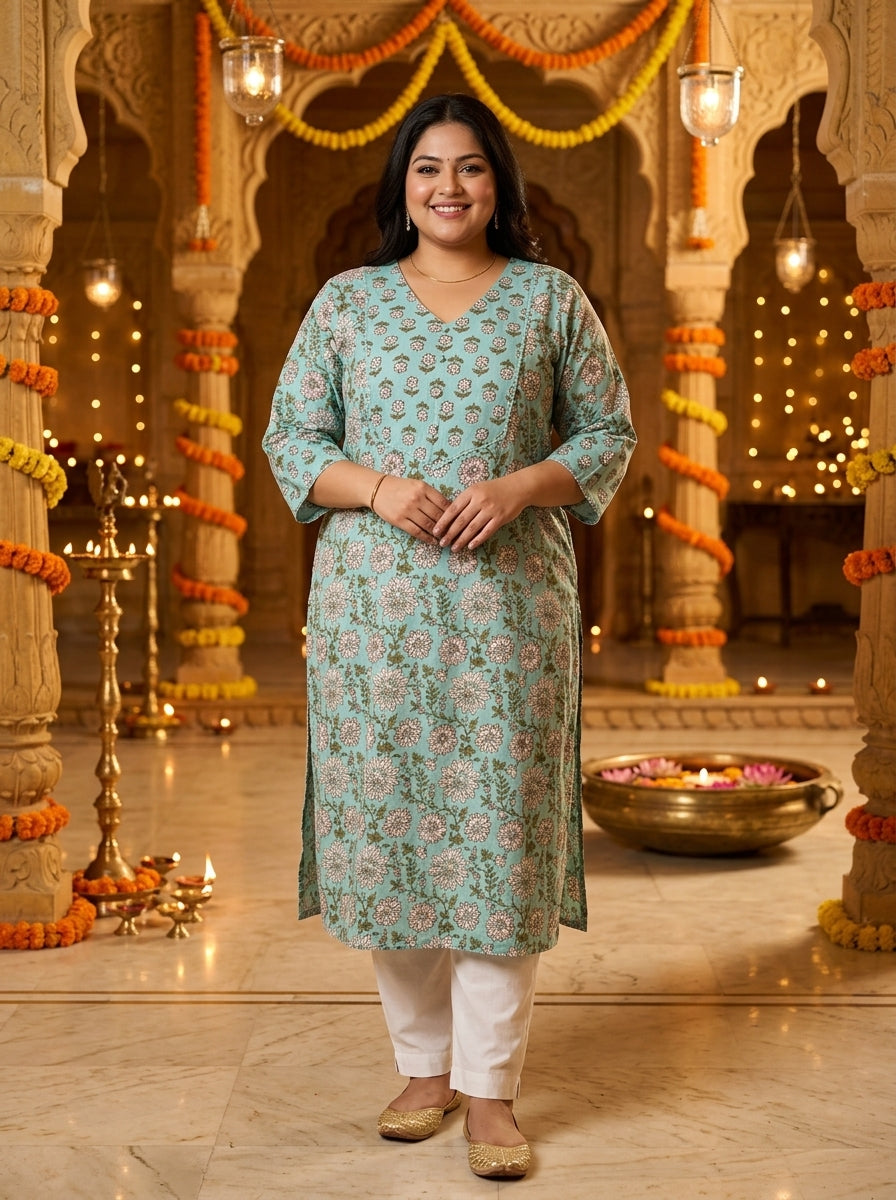 Plus Size Blue Cotton Floral Print Straight Kurta-100129