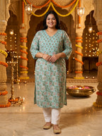 Plus Size Blue Cotton Floral Print Straight Kurta-100129