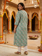 Plus Size Blue Cotton Floral Print Straight Kurta-100129