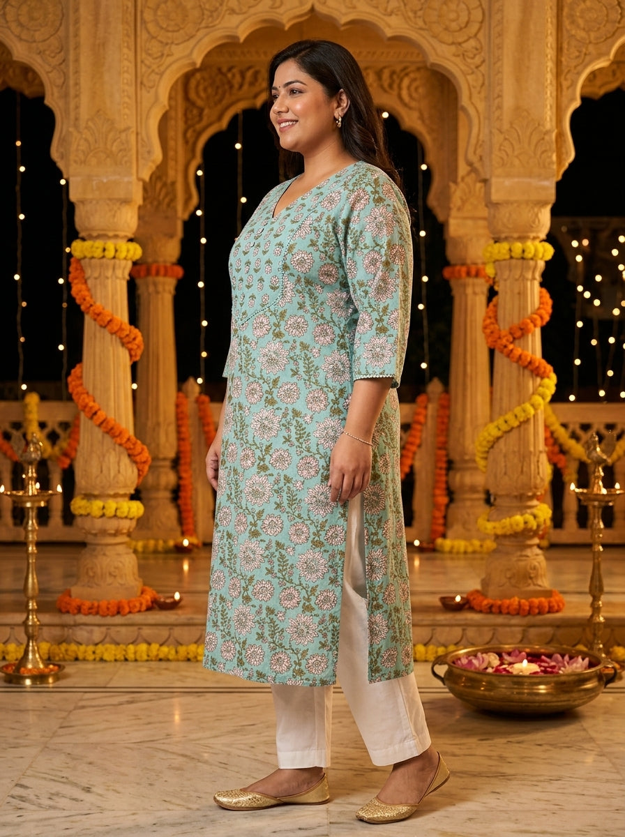 Plus Size Blue Cotton Floral Print Straight Kurta-100129