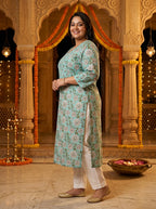 Plus Size Blue Cotton Floral Print Straight Kurta-100129