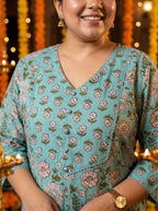 Plus Size Blue Cotton Floral Print Straight Kurta-100129