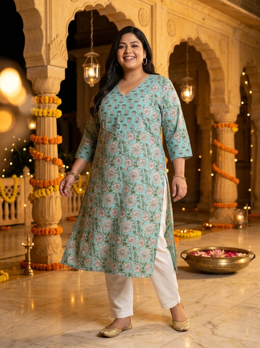 Plus Size Blue Cotton Floral Print Straight Kurta-100129