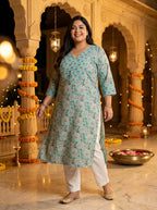 Plus Size Blue Cotton Floral Print Straight Kurta-100129