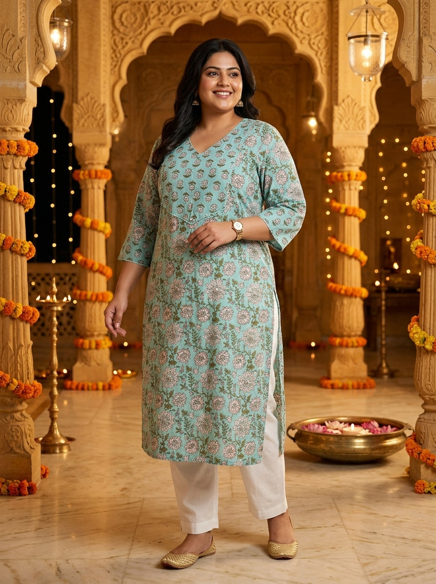 Plus Size Blue Cotton Floral Print Straight Kurta-100129
