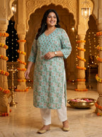 Plus Size Blue Cotton Floral Print Straight Kurta-100129