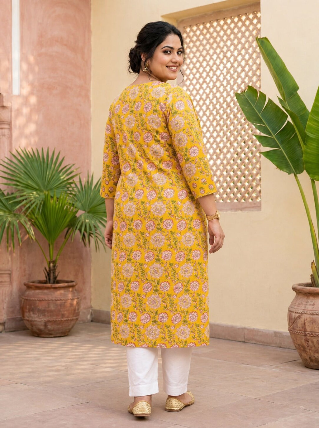 Yellow Cotton Floral Print Straight Kurta Plus Size-100130
