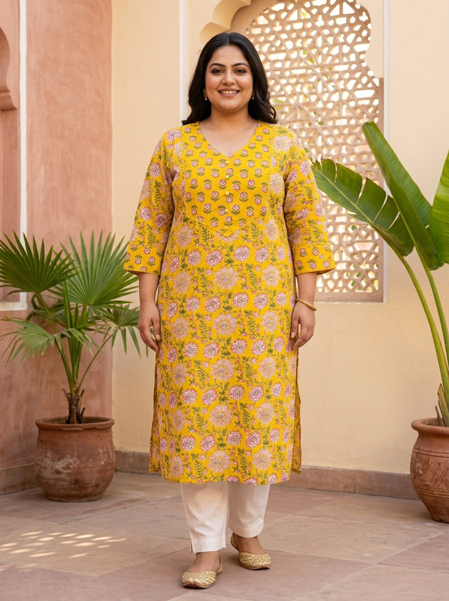 Yellow Cotton Floral Print Straight Kurta Plus Size-100130