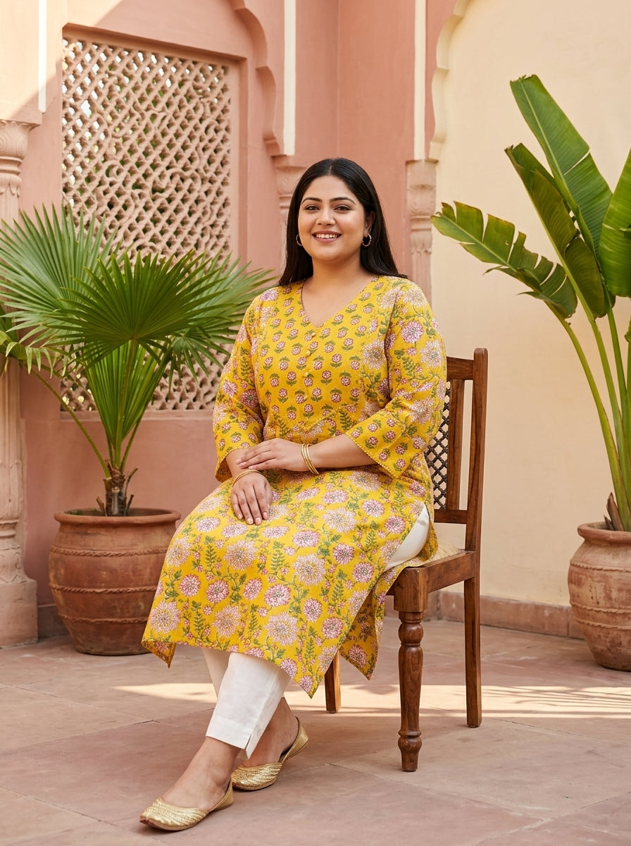 Yellow Cotton Floral Print Straight Kurta Plus Size-100130