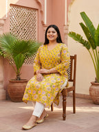 Yellow Cotton Floral Print Straight Kurta Plus Size-100130