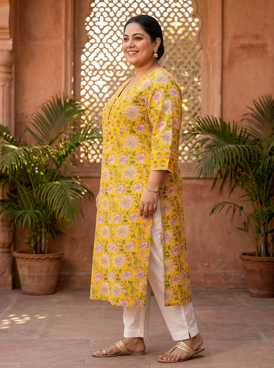 Yellow Cotton Floral Print Straight Kurta Plus Size-100130