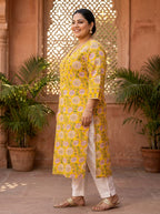 Yellow Cotton Floral Print Straight Kurta Plus Size-100130