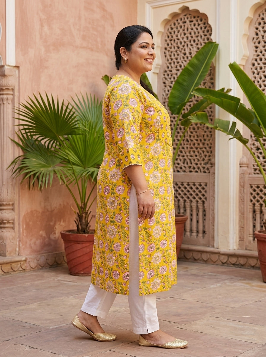 Yellow Cotton Floral Print Straight Kurta Plus Size-100130