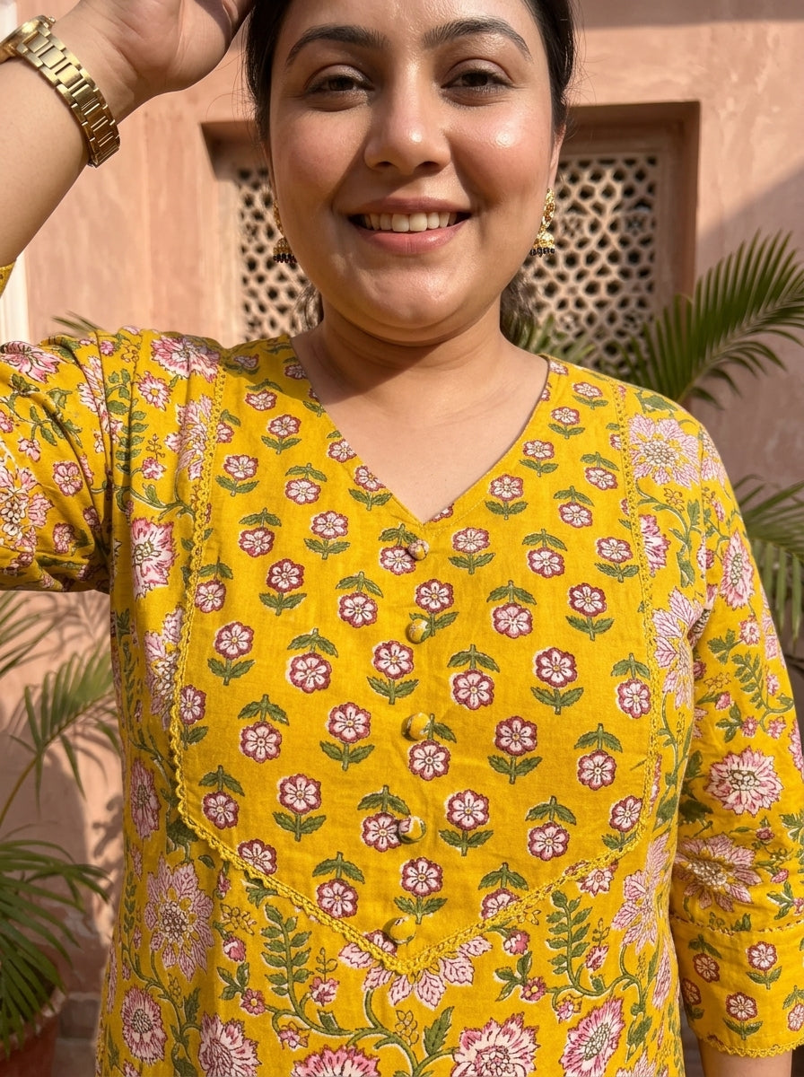 Yellow Cotton Floral Print Straight Kurta Plus Size-100130
