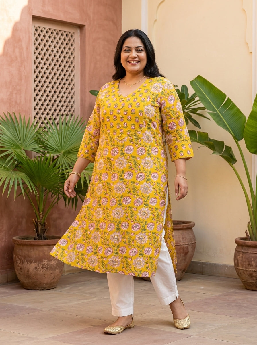 Yellow Cotton Floral Print Straight Kurta Plus Size-100130 Main image