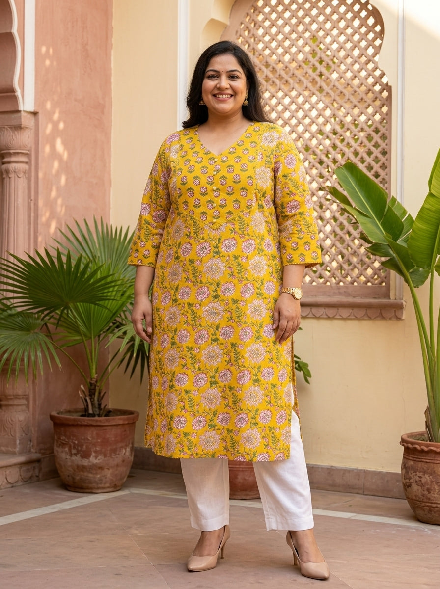 Yellow Cotton Floral Print Straight Kurta Plus Size-100130
