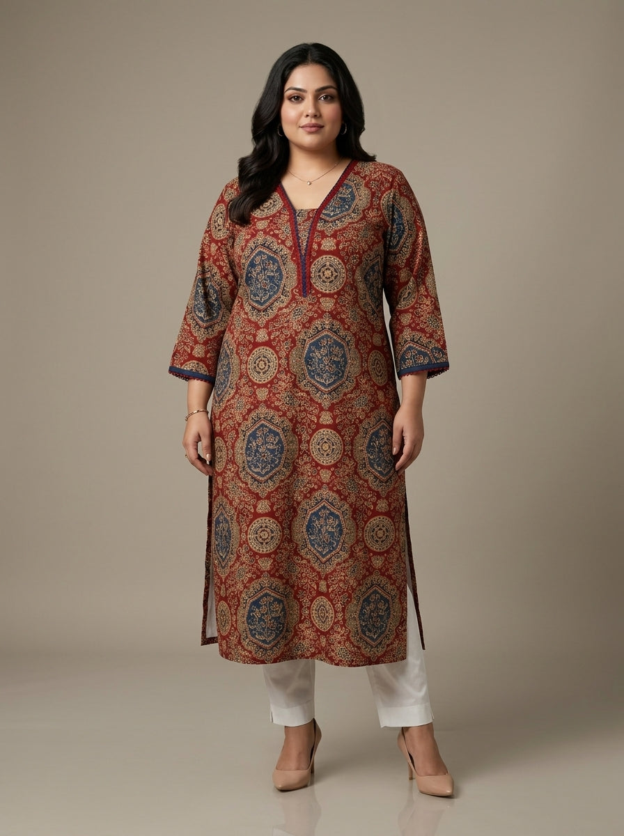 Plus Size Red Cotton Ajrakh Print Straight Kurta-100131