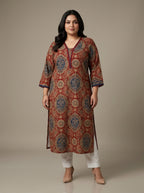 Plus Size Red Cotton Ajrakh Print Straight Kurta-100131
