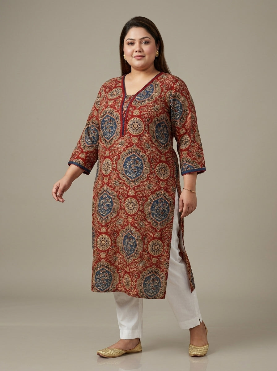 Plus Size Red Cotton Ajrakh Print Straight Kurta-100131