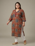 Plus Size Red Cotton Ajrakh Print Straight Kurta-100131